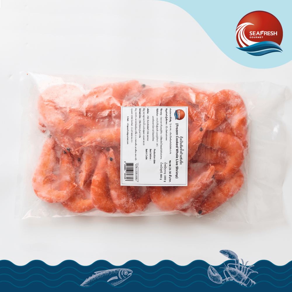 กุ้งเป็นต้มทั้งตัวแช่แข็ง (พรีเมี่ยม) Frozen Cooked Whole Live Shrimp 26-30 PC/LB 800 G